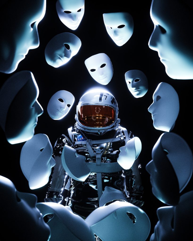Image shows a man in space surrounded by white floating masks. Illustrates the idea that writers can improve their sci-fi or fantasy novels in one step.